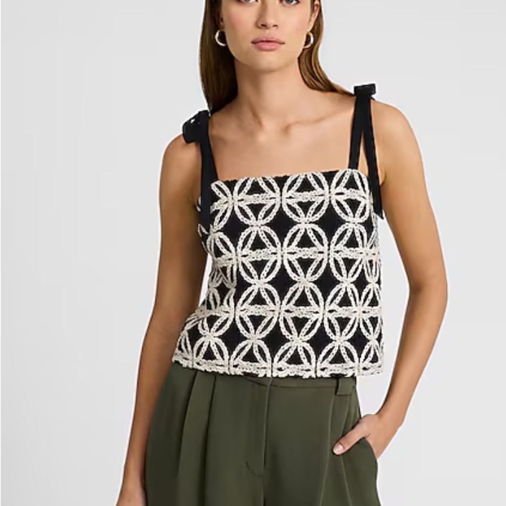 Express Crochet Lace Bow Tie Strap Square Neck Crop Top Black Cream M